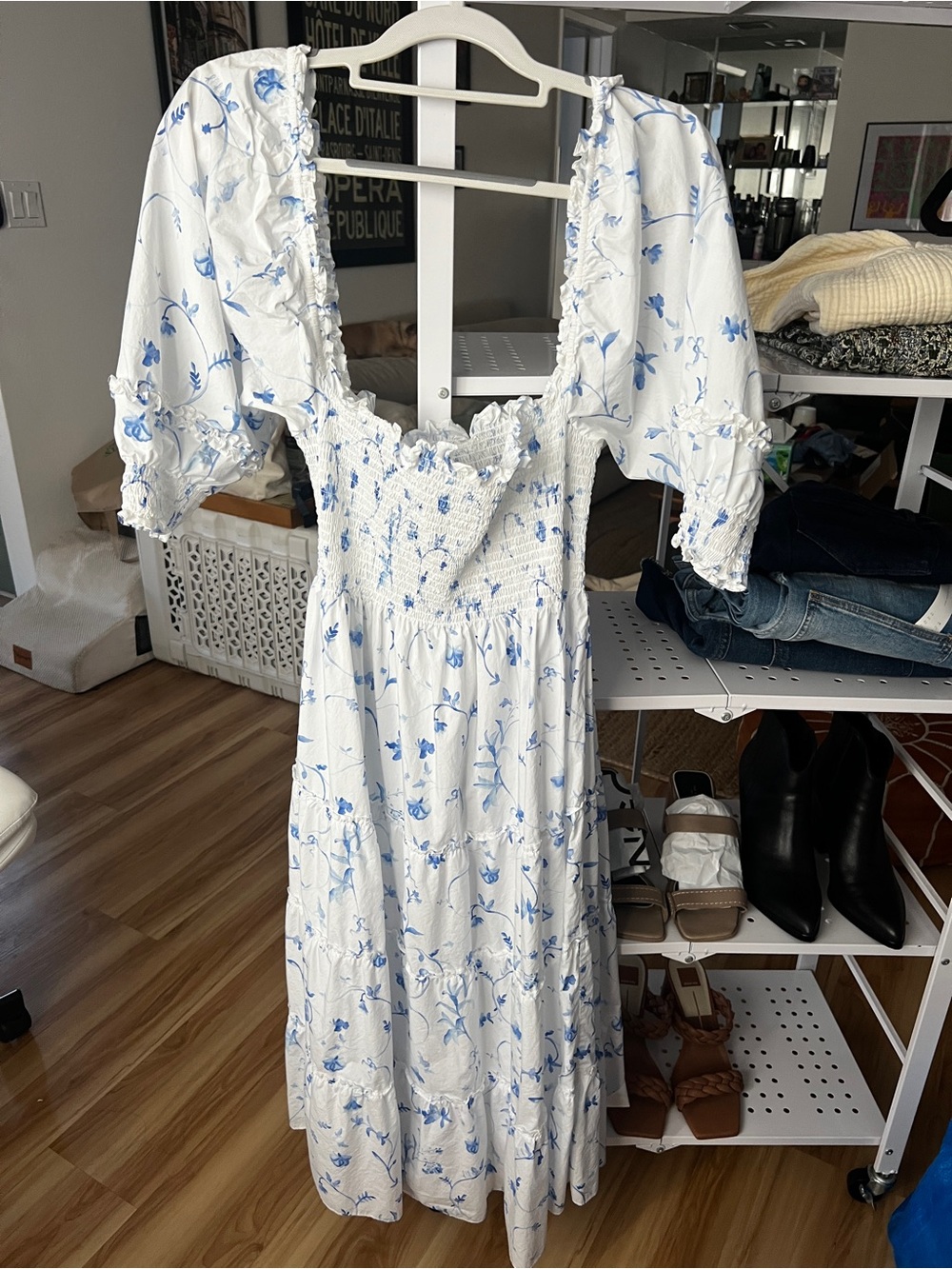 Hill House White Midi Dress with Blue Floral Print